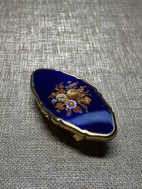 Vintage Stratton England Lipstick Holder Blue Enamel Floral Mirror Case Regd